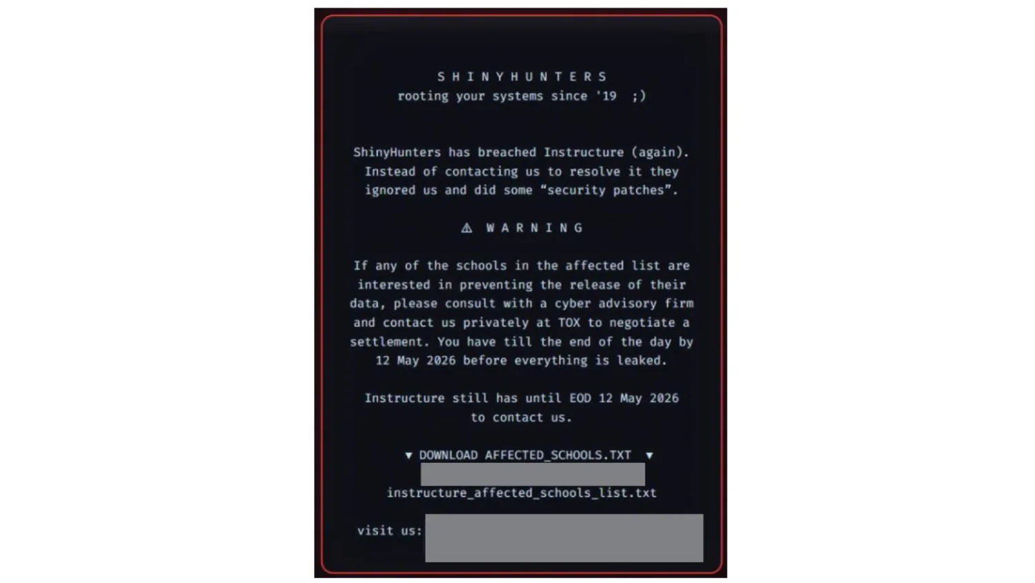 Canvas hack extortion message